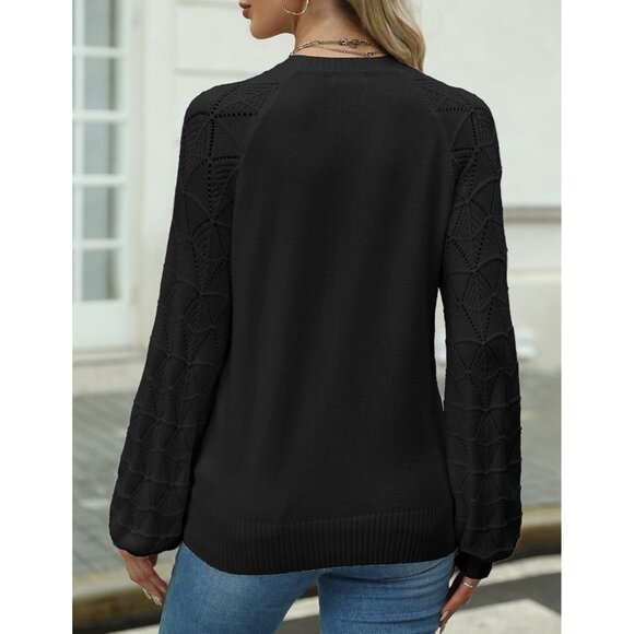 Zeagoo Women Black Crew Neck Eyelet Long Sleeve Casual Kint Pullover Sweaters - Picture 4 of 5